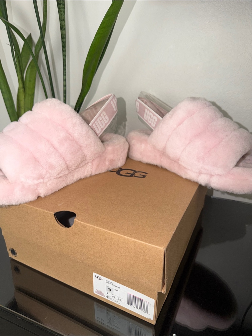 UGG Blush Pink Plush Slide Sandals with Branded Heel Strap - Picture 5 of 8